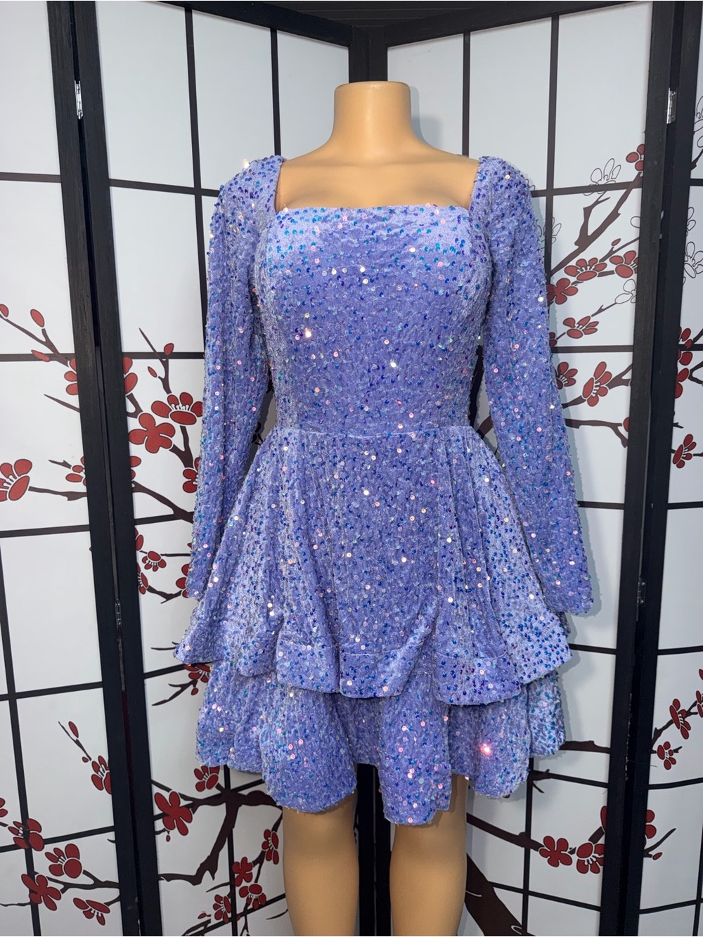 Lavender Sequin Long-Sleeve Peplum Dress